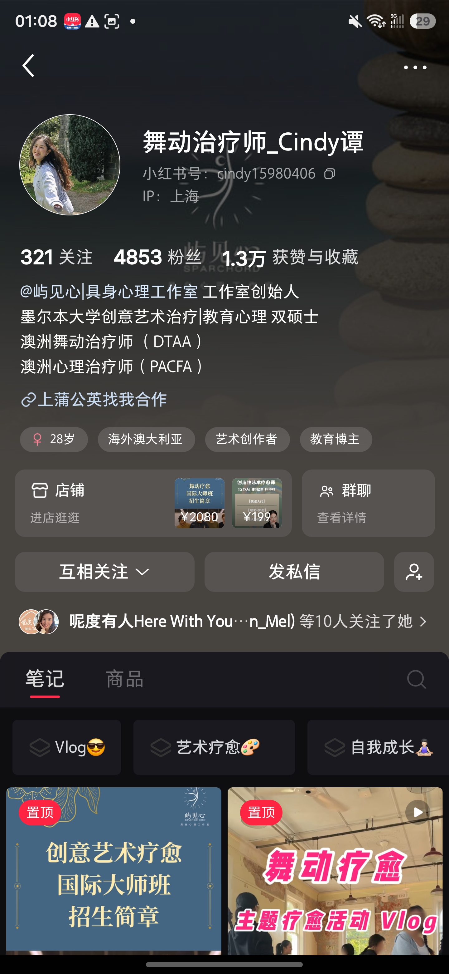 Cindy Tan's Xiaohongshu profile showing 4,853 followers